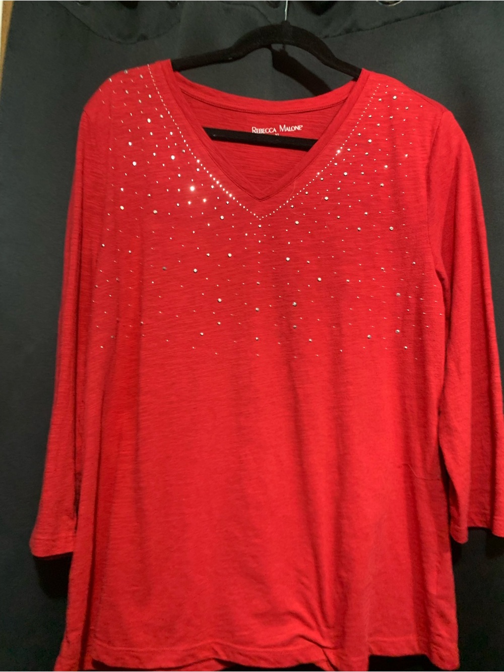 Rebecca Malone Red V-Neck Rhinestone Long Sleeve Top
